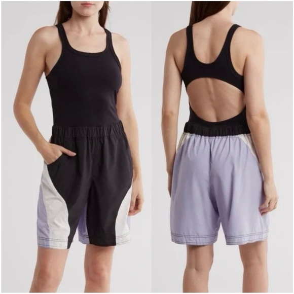 Free People FP Movement Double Bounce One Piece Black Purple Shortsie Romper S - Picture 1 of 12